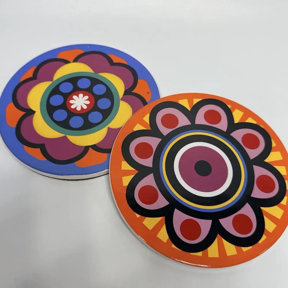 Set 2 Heart Of Avon Colorful Ceramic Trivet Tiles Retro Psychedelic Groovy Style